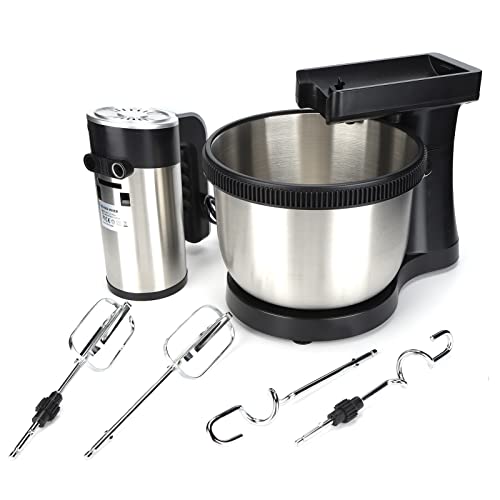 1000 W Elektrischer Schneebesen, 5 Geschwindigkeiten 2 in 1 Handmixer Abnehmbarer Edelstahl Rührschüssel Standmixer für die Herstellung von Sahnekuchen Plätzchen-Eiern von Jenngaoo