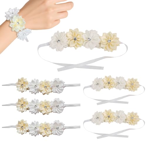 6 Stück Handgelenk Blumen Armbänder, Braut Brautjungfern Simulation Band Handgelenk Blume Dekoration Zubehör für Hochzeit Party Prom (Milchweiß) von Jenngaoo