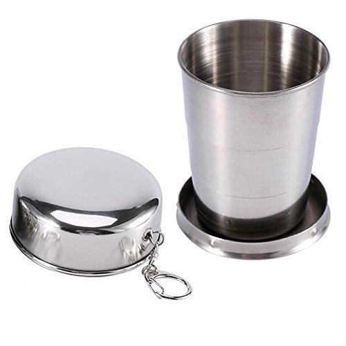 Jenngaoo Faltbarer Becher Edelstahl mit Schutzkappe, Tragbarer Camping Becher für den Außenbereich Zerlegbarer Zusammenklappbarer Becher mit Schlüsselbund, Kleiner Teleskopbecher aus Metall (75ml) von Jenngaoo