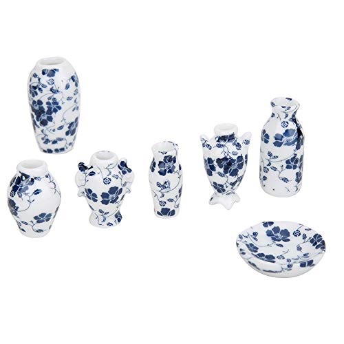 Jenngaoo 7 Stück Puppenhaus Vasen Set, 1:12 Mini Blau und Weiß Porzellan Antike Vase Keramik Gefäß Zubehör für Heimtextilien von Jenngaoo