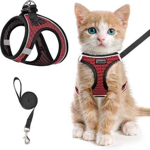 Katzengeschirr und Leine zum Spazierengehen, verstellbares Sicherheitsgeschirr für Hunde, Anti Ausbruch Brustgurt mit reflektierenden Streifen, perfekt für Spaziergänge, Training (Rot, S) von Jennytim