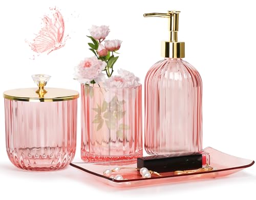 Jenseits Premium rosa Badezimmer-Zubehör-Set, 4-teilig, Lotion-Seifenspender, Seifenschale, Zahnbürstenhalter, Wattestäbchen-Gläser, rosa dekorativer Arbeitsplatten-Schminktisch-Organizer von Jenseits