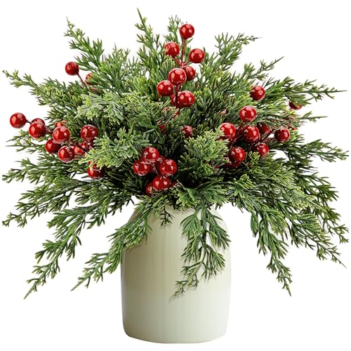 45 Stück Tannenzweige Künstlich Wie Echt mit Rote Beerenstiele, Weihnachtsdeko Künstliche Tannenzweige, 26.7 cm Realistische Kunst Tannenzweige, Künstliches Tannengrün für Vasen, Weihnachtsdeko von Jenshhch