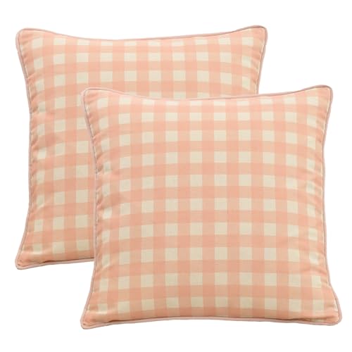 Blumen Kissenbezüge Frühling 2er Set, Deko Frühling Kissenbezug 45 x 45 cm, Wellenpunkte/Kariert Plaid Kissenhülle 45x45 cm, Dekorative Kissenbezüge für Wohnzimmer Sofa Zimmer (Rosa Kariert Plaid) von Jenshhch