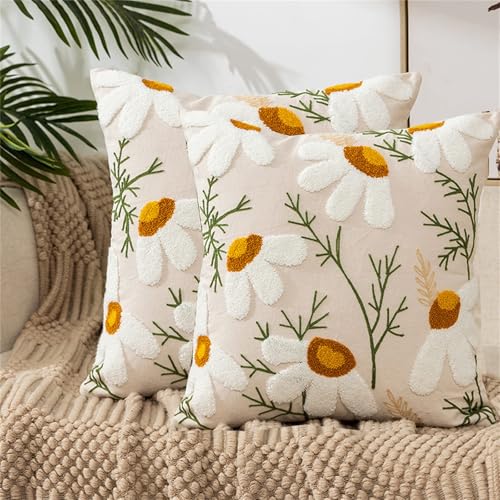 Frühlingsdeko Blumen Kissenbezug 45x45cm 2er Set, Deko Wohnzimmer Modern Kissenbezüge Frühling, Baumwolle Frühling Kissenhülle Bauernhaus Zierkissenbezug für Schlafzimmer, Couch, Sofa, Bett (Blumen A) von Jenshhch