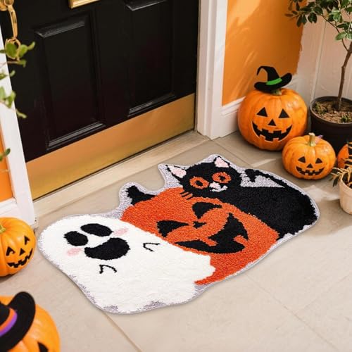Jenshhch Halloween Fußmatte Kunstkaschmir rutschfeste Schmutzfangmatte Mit Fledermaus Geist Kürbis Design Weiche Duschteppiche Für Badezimmer Küche Haustür Eingangsbereich (A) von Jenshhch