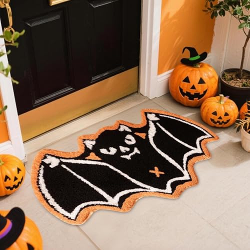 Jenshhch Halloween Fußmatte Kunstkaschmir rutschfeste Schmutzfangmatte Mit Fledermaus Geist Kürbis Design Weiche Duschteppiche Für Badezimmer Küche Haustür Eingangsbereich (B) von Jenshhch