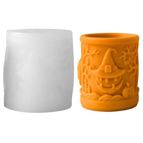 Jenshhch Silikonform Kerzenformen zum Gießen, Silikonformen Gießformen Halloween Zylindrische Kerzenform mit Kürbis Totenkopfmuster, Silikon Gießformen Für Kerzenherstellung (B) von Jenshhch