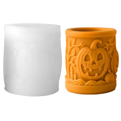 Jenshhch Silikonform Kerzenformen zum Gießen, Silikonformen Gießformen Halloween Zylindrische Kerzenform mit Kürbis Totenkopfmuster, Silikon Gießformen Für Kerzenherstellung (C) von Jenshhch
