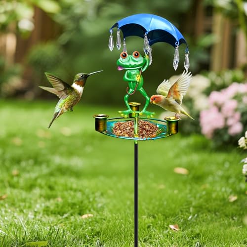 Jenshhch Vogeltränke Stehend 84.5cm Metall Vogelbad mit 3 Wassernäpfe Kristallanhänger Froschdesign Gartendekoration Winterfest Vogelfutterstelle von Jenshhch