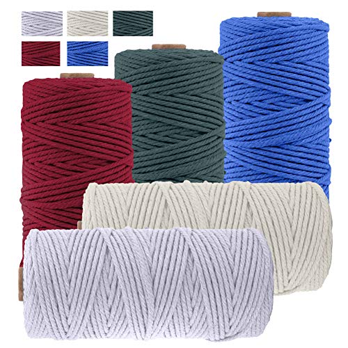 JeogYong 5 Stück Makramee Garn Set, Bobbiny Makramee Garn Baumwollgarn Makramee-Seil Weiches Baumwoll-Seil, zum Wandbehänge, Pflanzenhalter, Basteln, Heimtextilien, 3 mm x 100 m (5 Farben A) von JeogYong