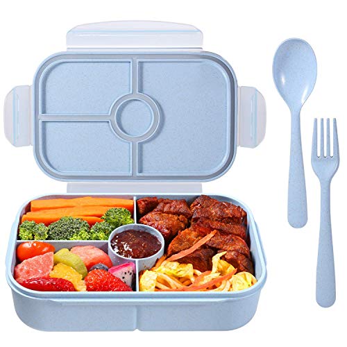 Jeopace Bento Box Kinder Brotdose Lunchbox mit 4 Fächern Lunch Box Spülmaschinenfest Mikrowellenfest Kühlschrankfest (Mit Löffel und Gabel Set,Hellblau) von Jeopace