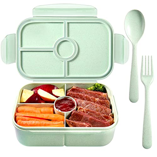 Jeopace Bento Box Kinder Brotdose Lunchbox mit 4 Fächern LunchBox Spülmaschinenfest Mikrowellenfest Kühlschrankfest (Mit Löffel und Gabel Set,Hellgrün) von Jeopace