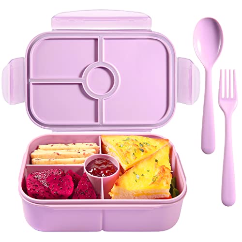 Jeopace Bento Box Kinder Brotdose für Erwachsene Kinder Lunchbox mit 4 Fächern Mikrowellenfest Kühlschrankfest (Mit Löffel und Gabel Set,Hellviolett) von Jeopace