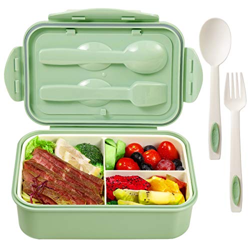 Jeopace Bento Boxen für Erwachsene Lunchbehälter für Kinder mit 3 Fächern, auslaufsicher (inkl. Besteck,grün) von Jeopace