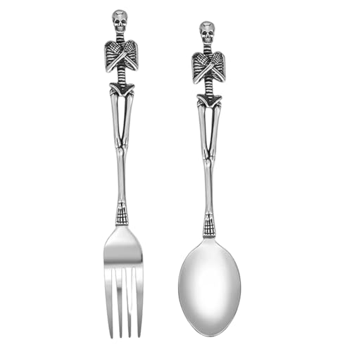 2PCS -Schädel Silberwaren -Set, Edelstahl -Halloween -Geschirr umfassen Fork & Spoon, Silver Gothic Silber Set für Home Party Restaurant, Edelstahlstahl von Jeorywoet