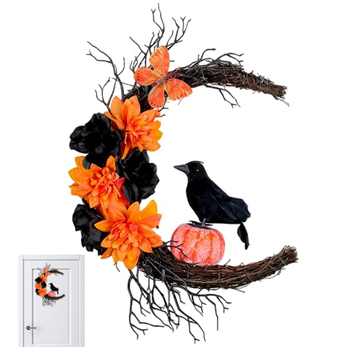 Halloween -Kränze für Haustür, Halloween -Kränze schwarzer Krähen Kürbismondkranz für Haustür gruselige Dekorationen für Innenhäuser im Freien Partywand, Kranzkranz von Jeorywoet