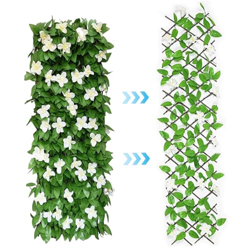 Jeorywoet 2pcs erweiterbarer Zaun Privatsphäre Bildschirm, künstlicher falscher Efeu mit Blume, 79 x 7 Zoll Holzgitterpaneele für Außenbalkon mit Gartengarten des Veranda, Privatsphäre Zaun von Jeorywoet