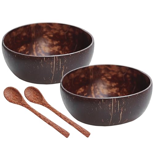 Jeorywoet Calabash Bowls, Kokosschalen, poliertes Geschirr umfasst 2 Holzschalen & Löffel, umweltfreundlich und leicht für Salate, Frühstück, Holz von Jeorywoet