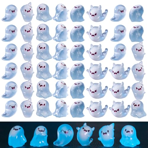 Jeorywoet Ghost Figur, 60pcs Mini Ghost -Figuren 6 Stile leuchten in den dunklen Mini -Halloween -Figuren winzige Harzfiguren für Mikrolandschaftsfefe -Gartenhäuser, Blau, Geister von Jeorywoet