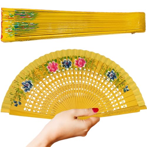 Jeorywoet Handlüfter, faltbare Handlüfter Vintage Spanische chinesische Holz mit Blumenmustern auf beiden Seiten für Cheongsam-Party-Home, Holz, Gelb, Gelb von Jeorywoet