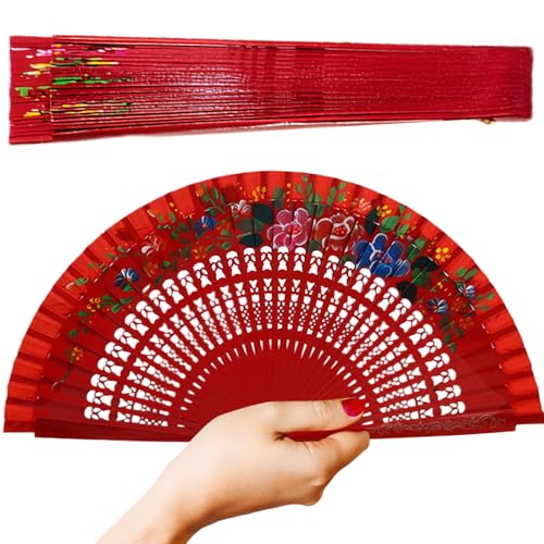 Jeorywoet Handlüfter, faltbarer Vintage Spanische chinesische Holz mit Blumenmustern auf beiden Seiten für Cheongsam-Party-Home, Holz, rot von Jeorywoet