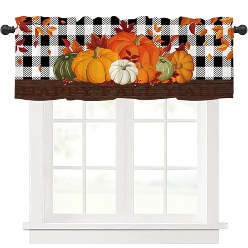 Jeorywoet Küchenvalance, Bindevalance, 54x18 Zoll Kürbis Büffelplaid Herbstblätter Küchenvalancen für Fenster, Stangentaschenvorhänge für Thanksgiving, Vorhänge Valancen von Jeorywoet