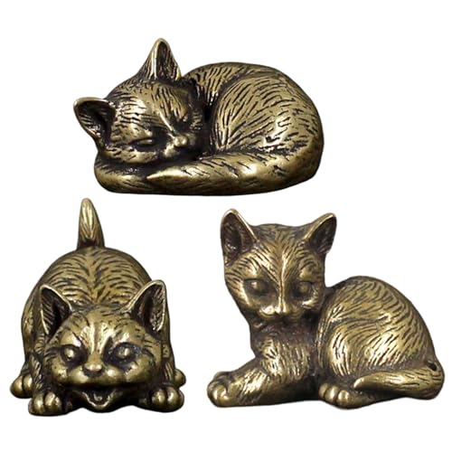 Jeorywoet Messingfigur, 3pcs Katzenstatue, Mini -Messing -Katzen -Figur, lebhafte süße chinesische Tee -Haustier Retro Kätzchen Skulptur Sammlerstücke Schreibtisch Büro Wohnheimdekoration von Jeorywoet