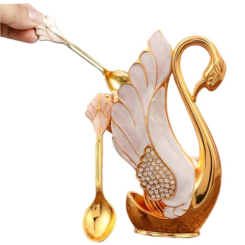 Jeorywoet Teelöffel, Kaffeelöffel Halter dekorative Schwan -Basishalter mit 6 Dessertlöffel Set Metal Swan Basishalter Löffel Organizer Flätsware, Dessertlöffel, Gold von Jeorywoet