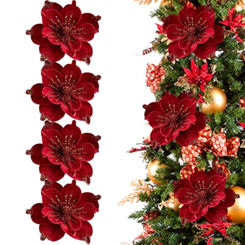Jeorywoet Weihnachtsblumen, 4pcs Weihnachtsblumen künstlicher Glitzer Eleganter Samt Magnolia Künstliche Baumdekorationen für Hochzeitsfeier zu Hause, Rot, Dekorationen Jeorywoet Weihnachtsblumen, 4pcs Weihnachtsblumen künstlicher Glitzer Eleganter Samt Magnolia Künstliche Baumdekorationen für Hochzeitsfeier zu Hause, Rot, Dekorationen von Jeorywoet