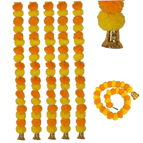 Ringelblumen, 5pcs Ringelblumengarland für Dekoration 5ft orange gelbes künstliches Ringelblumenblume mit Glocken Diwali Dekorationen für Zuhause, Festival, Mandir und Hochzeitdekoration von Jeorywoet