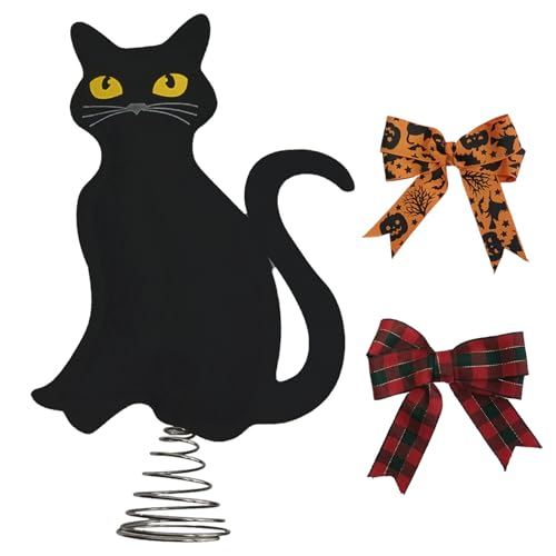Schwarzer Katzendekor, Baumtopper 6.9x13 Schwarze Katze mit abnehmbarem Bowknot & Metall Spring Halloween Baum Ornamente für Innenhause für Heimparty, Halloween von Jeorywoet