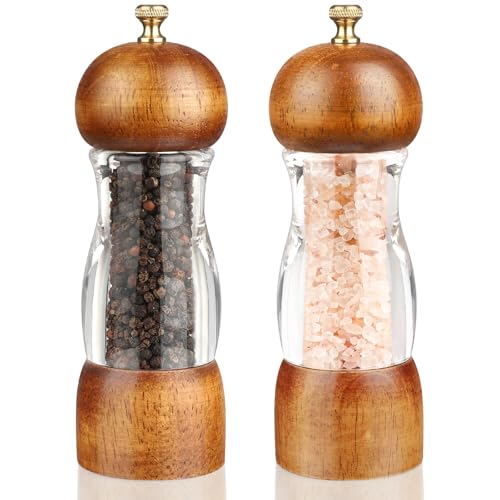 Jepsen Salz und Pfeffermühle Holz Manuell Gewürzmühle mit Acrylfenster Klein(17cm) Salzmühle und Pfeffermühle Chilimühle 2er-Set mit einstellbarem Keramikmahlwerk. von Jepsen