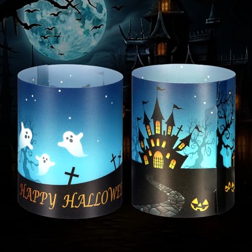 12 Stück Windlicht Tischdeko Halloween Deko, Halloween Lichthülle mit Kürbis Fledermaus Deko Hexe Grabstein, Geeignet für Teelicht oder Kerzen Hochzeit, Kommunion(Ruhiges Blau) von Jeqqinuz