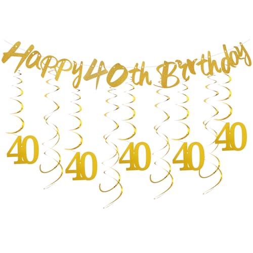 40 Geburtstag Deko, 40 Geburtstag Männer Deko Luftschlangen Gold Wirbel Frauen Banner Hängedeko Deckenhänger Girlande Spiral für Happy Birthday Partydeko(21 Stück) von Jeqqinuz