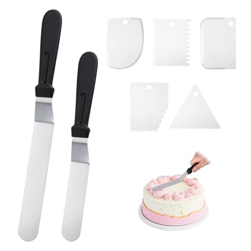 Jeqqinuz 7 Stück Tortenspachtel Tortenmesser Pfannenwender Edelstahl Torten Zubehör Winkelpalette Torte, Kuchenschaber Backutensilien, Enthalten 2 Tortenstreicher und 5 Sahneschaber(Schwarzer Griff) von Jeqqinuz