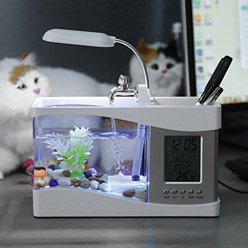 Multifunktionales Aquarium, Mini-Aquarium, Multifunktionales USB-wiederaufladbares Aquarium, Elektronisches Desktop-Aquarium Mit Uhrfunktion, LED-Licht, Stifthalter Für Büro Und Zuhause(Weiß) von Jerliflyer