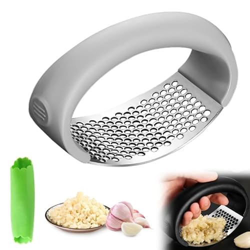 Knoblauchpresse Wippe,Knoblauchpresse Edelstahl Multifunktional Garlic Press mit Silikonschäler und Reinigungsbürste Knoblauchwippe Spülmaschinenfest (YSQ-HUI) von Jerpsen