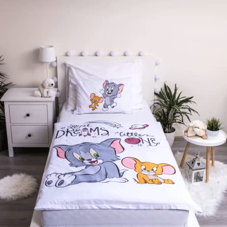 Jerry Fabrics F - Bettwäsche Tom et Jerry - 2-teilig für Kinder - Bettbezug - wendbar - 100 x 135 - Kissenbezug - 40 x 60 cm - Bettwäsche - 100 % Baumwolle, Weiß von Jerry Fabrics F