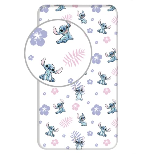 Jerry Fabrics F - Spannbettlaken – Lilo & Stitch – Weiß – 1 Stück – Kinder – 1 Person – elastische Ecken – 90 x 200 cm – 100 % Baumwolle von Jerry Fabrics F