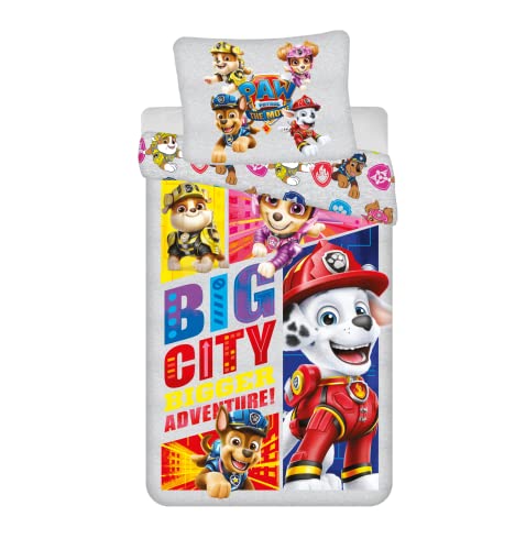 Bettwäsche Set, Wendebettwäsche Paw Patrol "Big City" mit Skye, Marshall, Rubble und Chase, Bezug Bettdecke 140 x 200 cm, Bezug Kopfkissen 70 x 90 cm, 100% Baumwolle, mit Reißverschluss, für Kinder von Jerry Fabrics