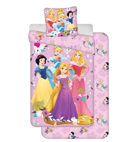 Disney Prinzessinnen Bettwäsche-Set, Bettbezug 140 x 200 cm + Kissenbezug + Spannbettlaken 90 x 200 cm 100% Baumwolle von Jerry Fabrics