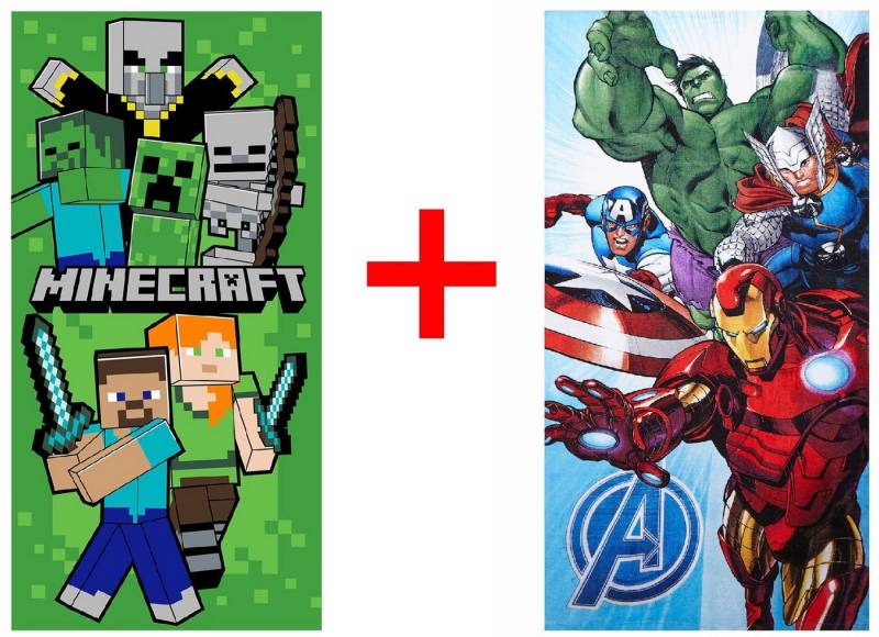 Jerry Fabrics Handtücher Minecraft + Marvel Avengers Strandtuch Handtuch 70x140cm 2er-Set, Frottee (2-St) von Jerry Fabrics