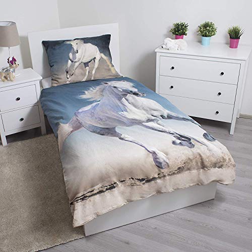 Jerry Fabrics Horse 03 Bett, 100% Baumwolle, Beige, Blau, Weiß, One Size 140x200 + 70x90 cm von Jerry Fabrics