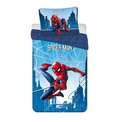 Jerry Fabrics Kinder Bettwäsche Set Wendebettwäsche Spider-Man City Spinnen Netze blau, Bezug Bettdecke 140x200 cm, Kopfkissenbezug 70x90 cm, 100% Baumwolle von Jerry Fabrics