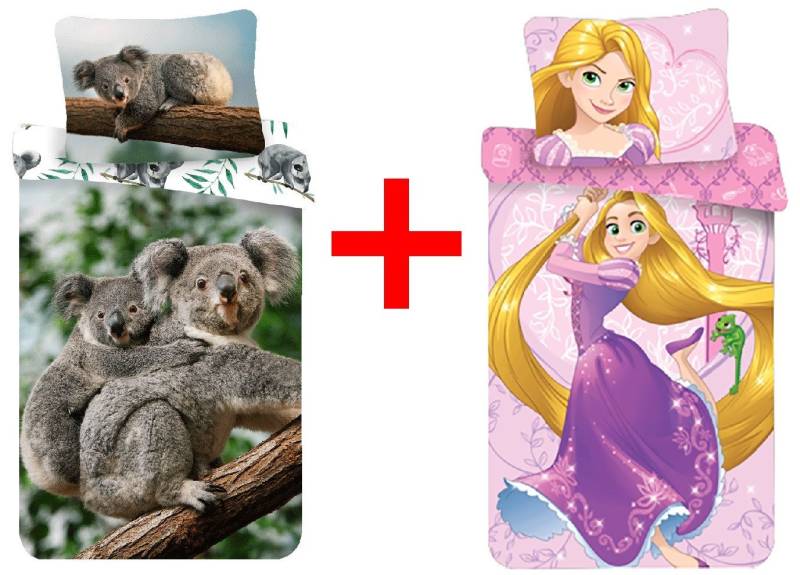 Jerry Fabrics Kinderbettwäsche Koalas + Rapunzel, 2 x Bettwäsche-Sets 140x200 cm Tier Prinzessin, Renforcé, 2 teilig von Jerry Fabrics