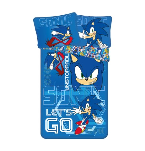 Jerry Fabrics Sonic The Hedgehog Official Let´s go Design Single Duvet Cover Set 140 x 200 cm | Reversible Bedding with Pillow Case 70x90 cm, Blue von Jerry Fabrics