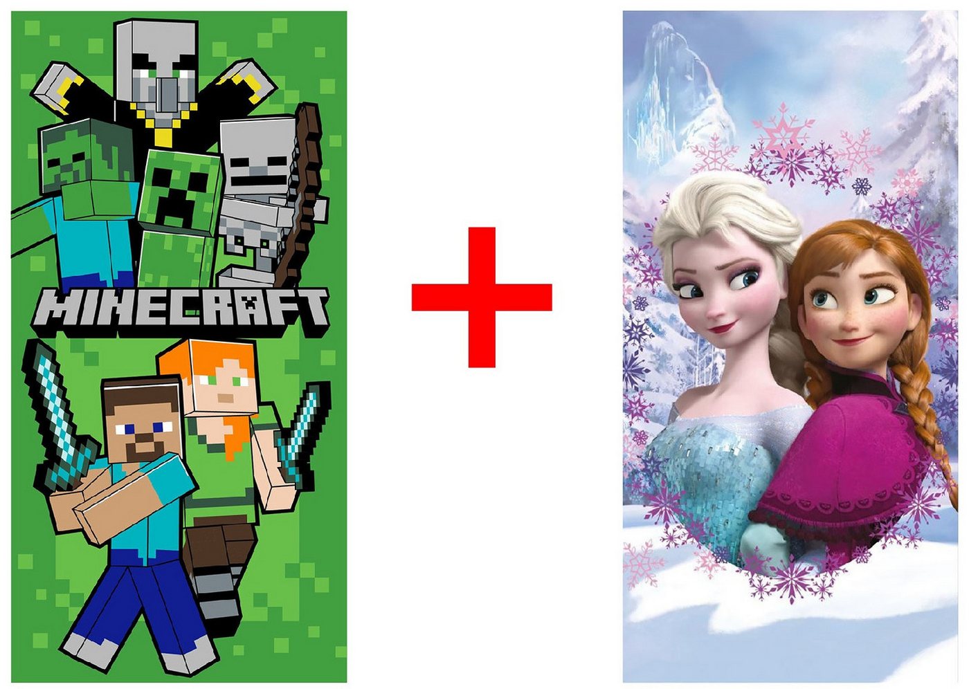 Jerry Fabrics Strandtücher Minecraft + Frozen Anna Elsa Strandtuch Handtuch 70x140cm 2er-Set, Frottee (2-St) von Jerry Fabrics