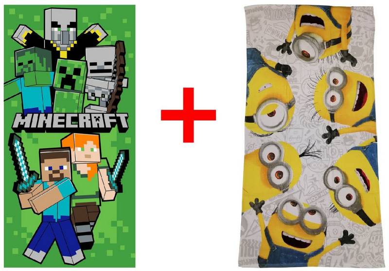 Jerry Fabrics Strandtücher Minecraft + Minions Strandtuch Handtuch 70x140 cm - 2er-Set, Frottee (2-St) von Jerry Fabrics