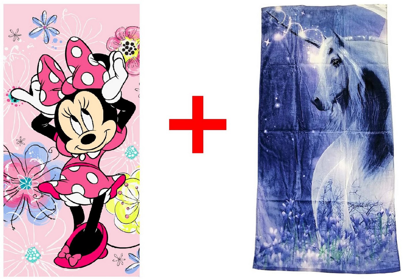 Jerry Fabrics Strandtücher Minnie Maus + Einhorn Badetuch Strandtuch 70 x 140 cm 2er-Set, Frottee (2-St) von Jerry Fabrics